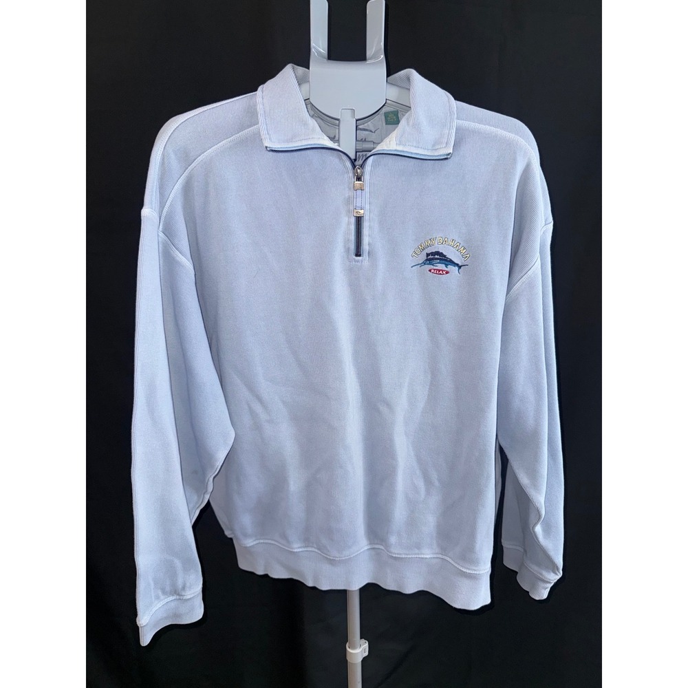 Tommy Bahama Relax Mens L Light Blue Ribbed Cotton Quarter Zip Marlin Pullover